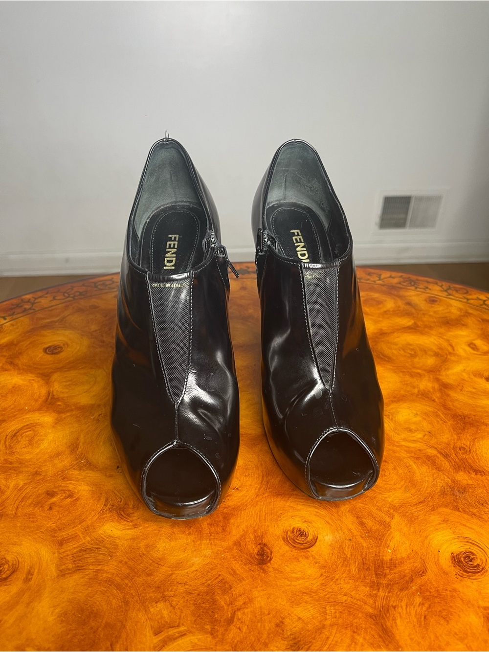 Fendi Black Patent Leather Peep-Toe Ankle Booties